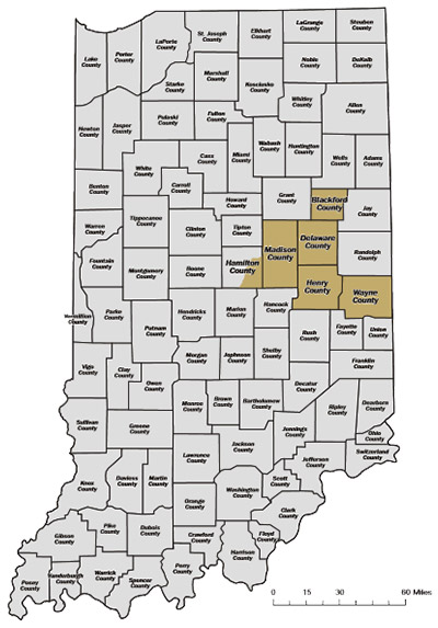 Terrance A. Smith Distributing, Inc., Territory map covering 2000 square miles in east central Indiana